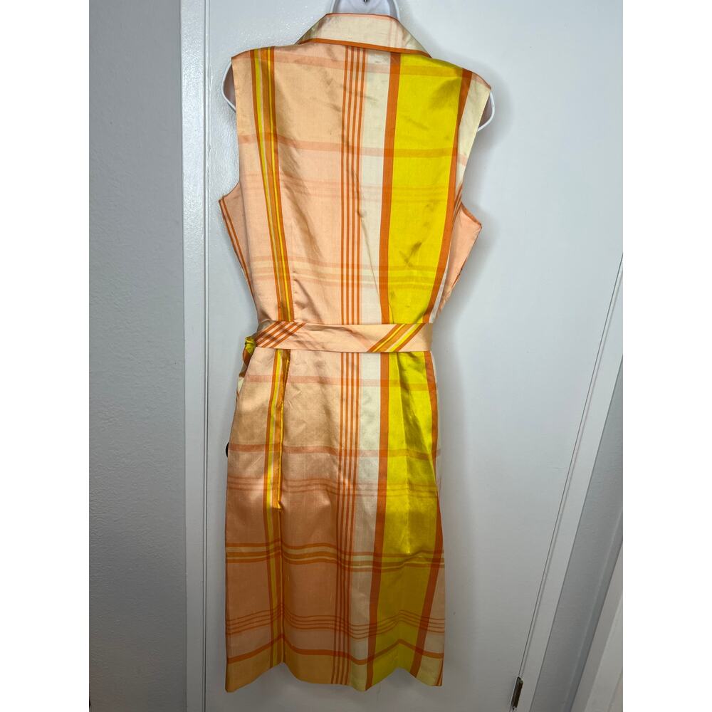 ICE Women's 100% Silk Sleeveless Plaid Wrap Dress Orange/Yellow ~ Size 14 - Picture 4 of 6